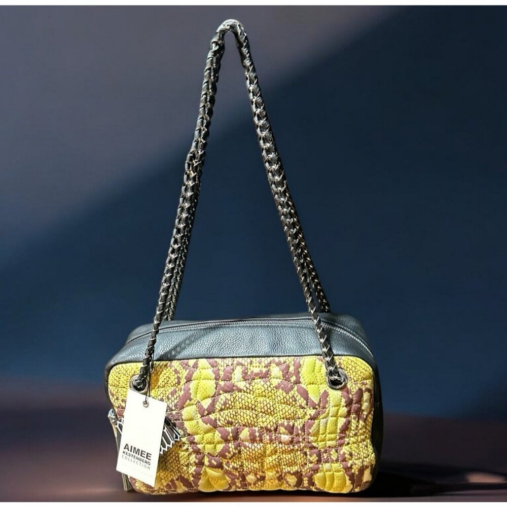 Aimee Kestenberg Pebble Leather Quilted Shoulder Bag Snake Print YELLOW COBRA